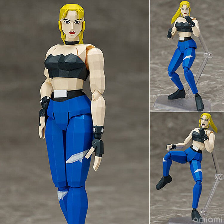 Action figure with blue and black outfit on a gray background