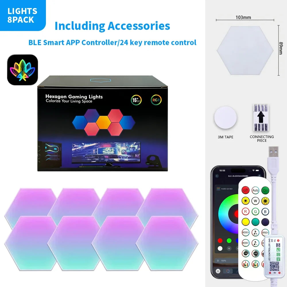 Exagon Smart RGB Hexagon Wall Light USB Powered Color Changing DIY Mode Music Sync APP Control Modular DIM LED ON for Game Room