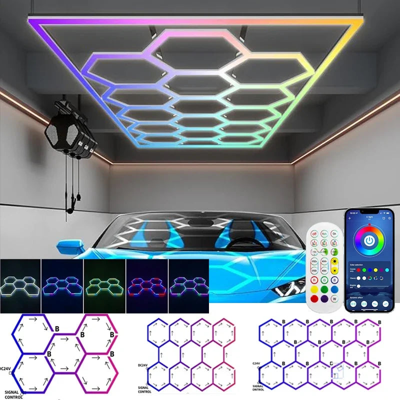 Hexagon Garage Lights RGB Garage LED Ligh APP Remote Control Multi Color Modes for Gaming Room Bar Club Gym Ceiling Lighting