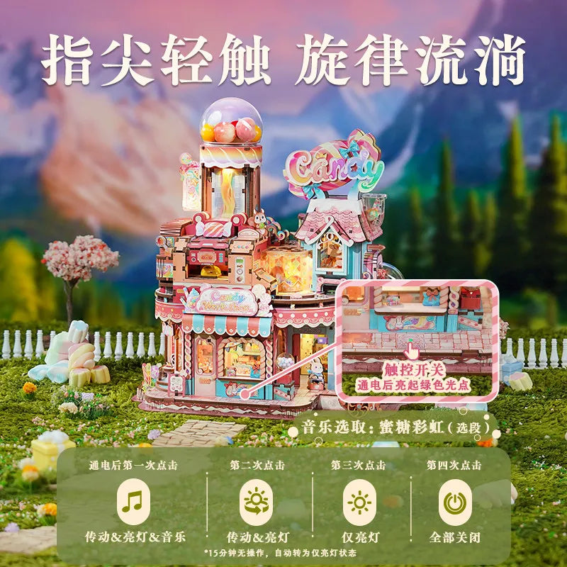 Tonecheer Sweet Wheel Music Box DIY Wooden Puzzle Dollhouse Diorama Transmission Model Kit 3D Wooden Decoration Birthday Gift