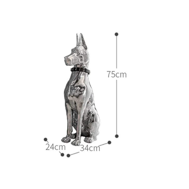 Modern Fashion Interior Resin Animal Sculpture Home Villa Corner Proch Electroplated Silver Doberman Dog Statue