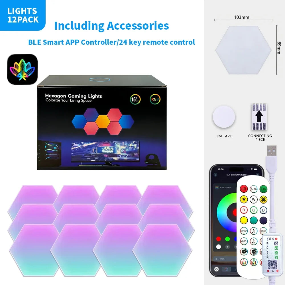 Exagon Smart RGB Hexagon Wall Light USB Powered Color Changing DIY Mode Music Sync APP Control Modular DIM LED ON for Game Room