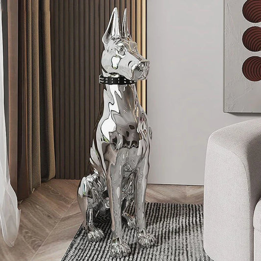 Modern Fashion Interior Resin Animal Sculpture Home Villa Corner Proch Electroplated Silver Doberman Dog Statue