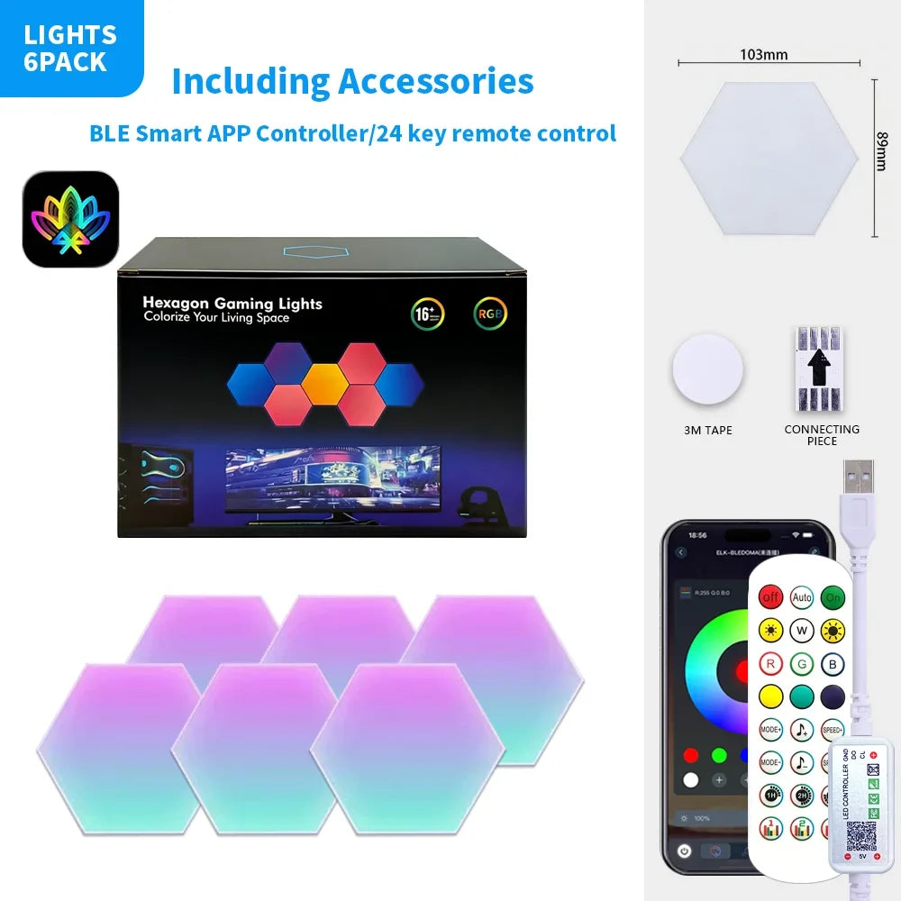 Exagon Smart RGB Hexagon Wall Light USB Powered Color Changing DIY Mode Music Sync APP Control Modular DIM LED ON for Game Room